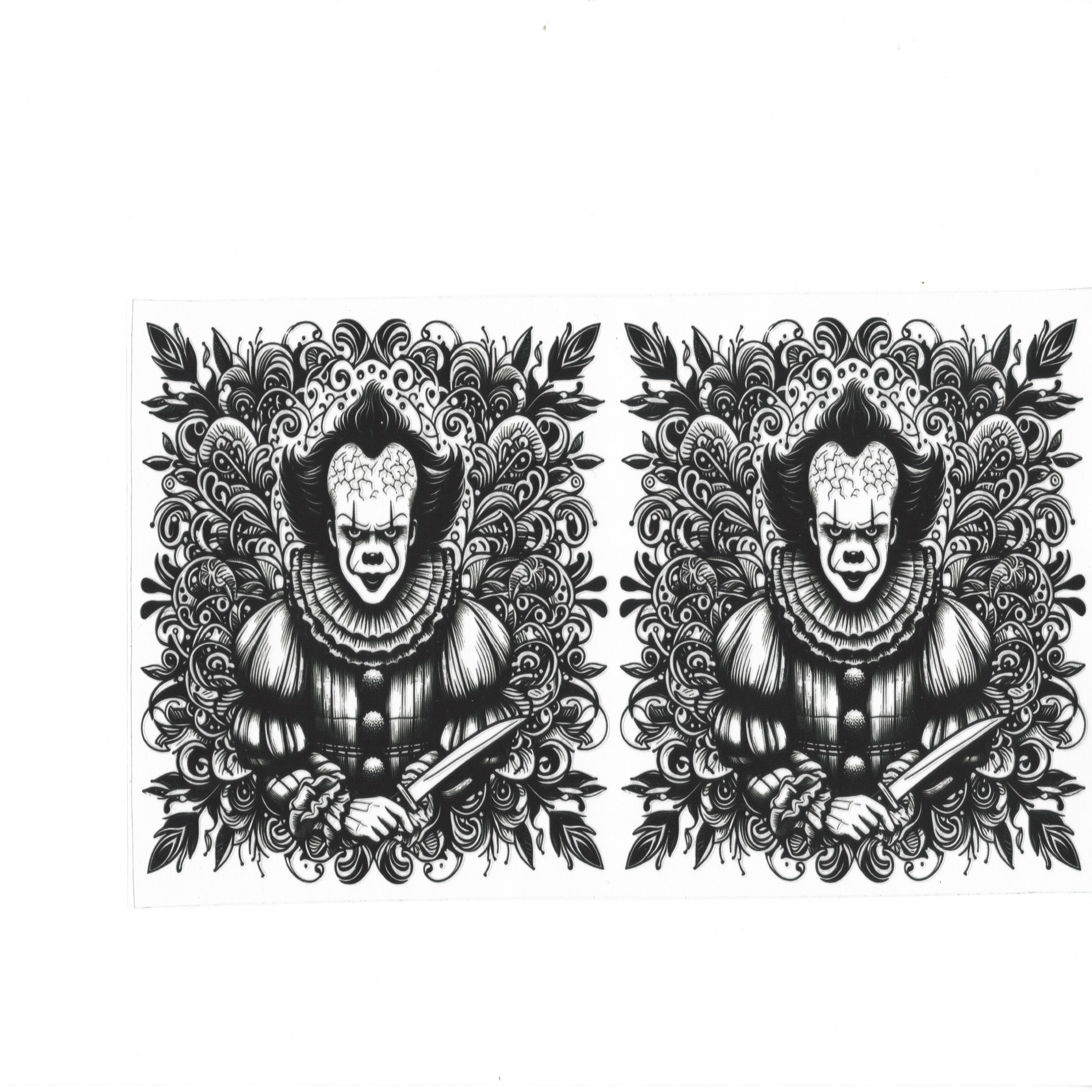 A black and white graphic design featuring a horror clown illustration with a knife, shown as a mirrored pair on a plain white background.