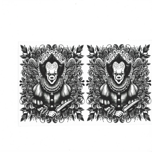 A black and white graphic design featuring a horror clown illustration with a knife, shown as a mirrored pair on a plain white background.